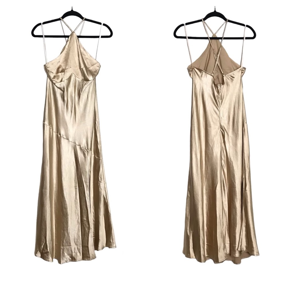 Saints & Secrets Gold Satin Halter Maxi Dress Size M Prom Formal Event HOCO NWT